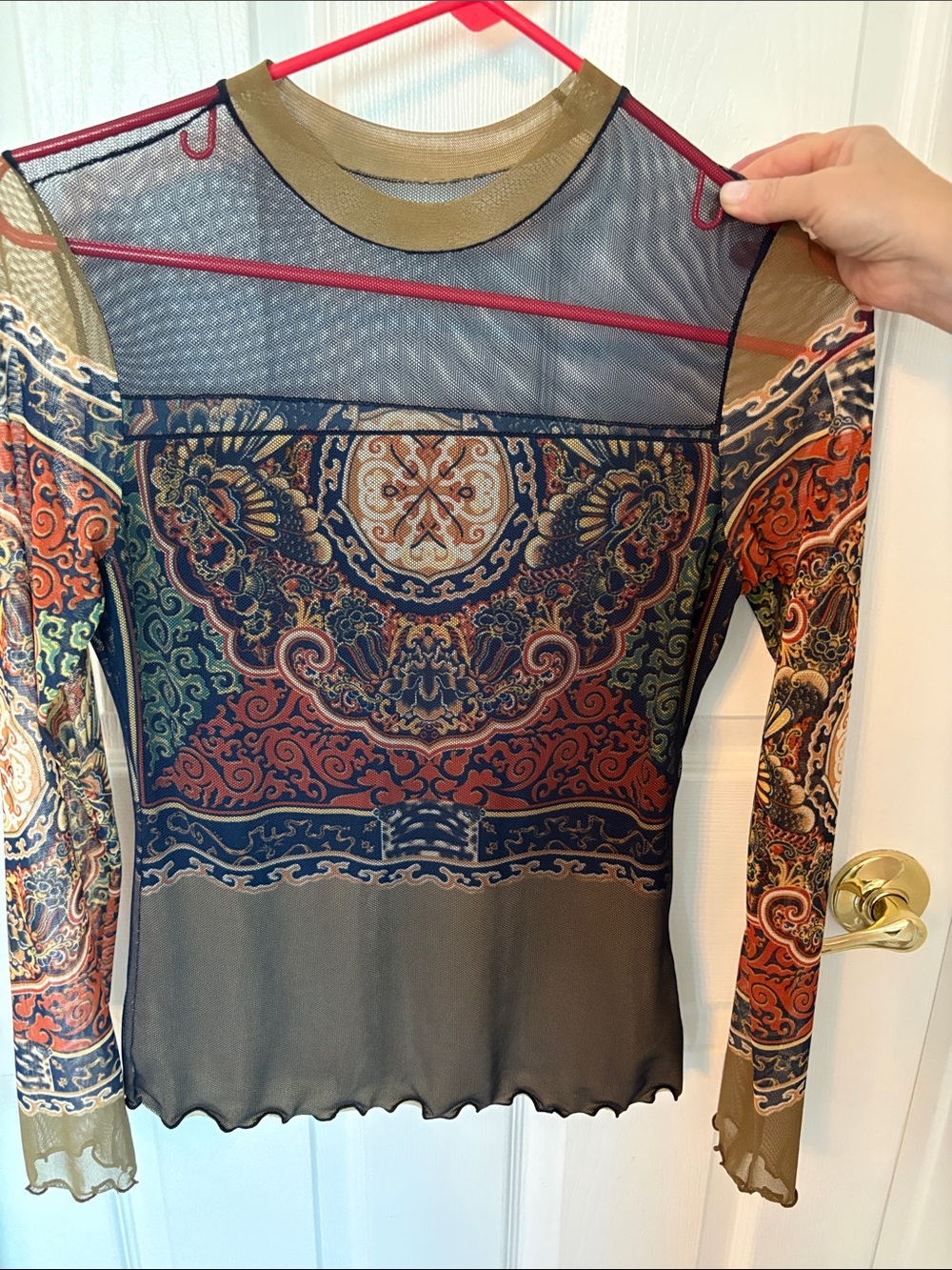 Sheer Paisley Medallion Long Sleeve Top - Olive Multi - Picture 2 of 5